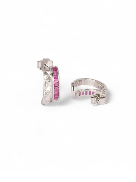 Pink Half Hoop Silver Textured Earrings