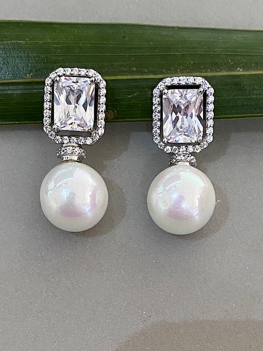 Silver White Stone Pearl Earrings