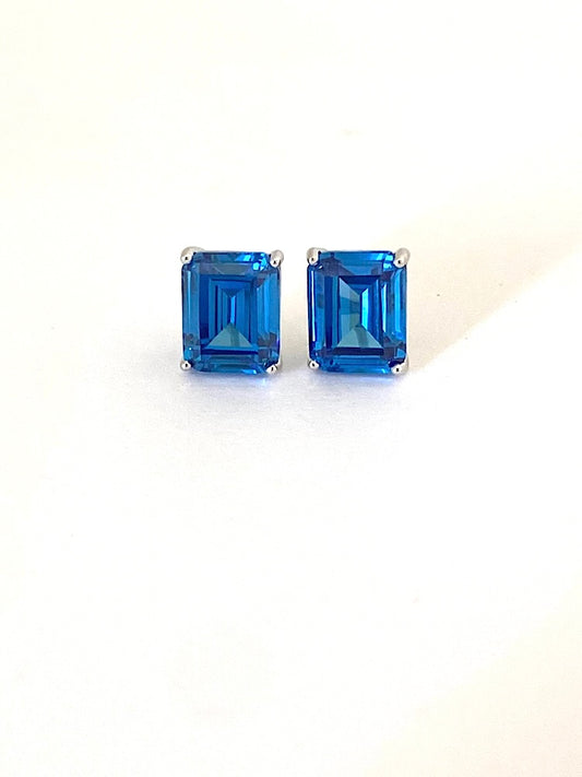 Blue Emerald Stone Sterling Silver Studs Earrings