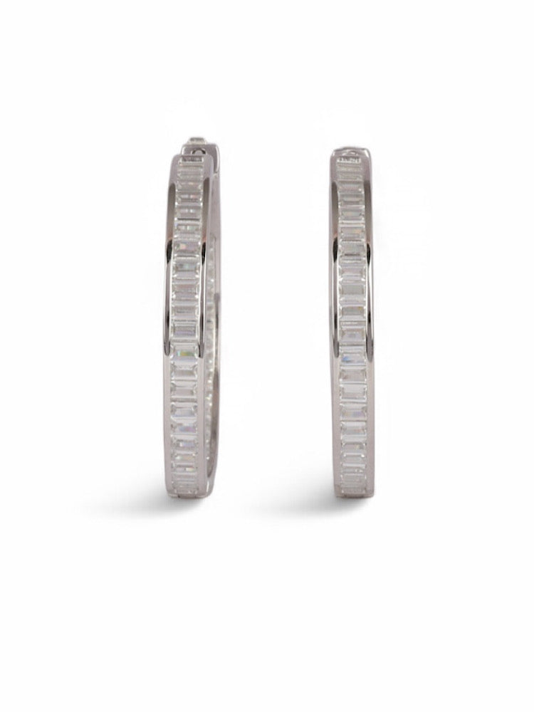 Round Baguette Sterling Silver Hoops Earrings