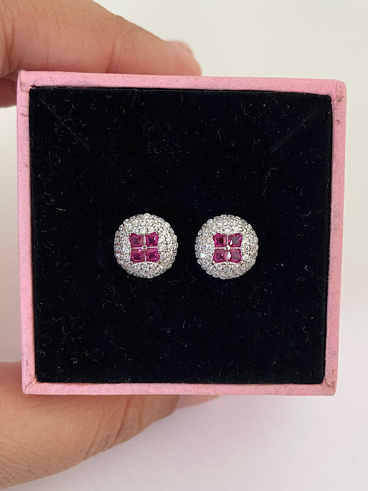 Round Pink Silver Studs Earrings